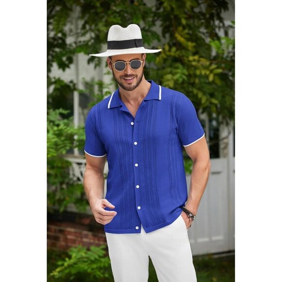 ❤️Men's Blue Button Down  Shirt Vintage Short Sleeve Shirts Casual Beach Tops - Picture 3 of 4